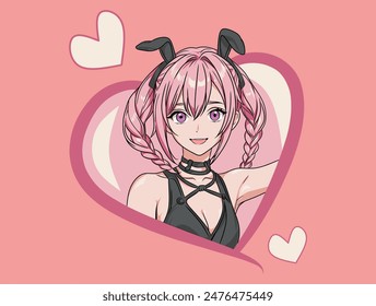 Linda chica anime con orejas de conejo en Ilustración vectorial de marco de corazón