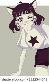 Cute anime girl with cat ears and .idark bob hair