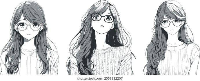 Cute Anime Girl in Cozy Winter Sweater Wearing Glasses Outlines Coloring Page Vector