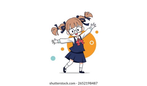 Cute anime girl dancing with joy and fun animated character