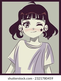 Cute Anime girl with dark hair . Retro style illustration. Anime girl art