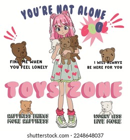 cute anime girl drawing. girl with her teddy bears. character design. graphic design. children fashion trend