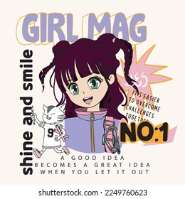 cute anime girl drawing. shine and smile. Graphic design. t-shirt print. magazine cover. children fashion trend.