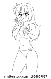 Cute anime girl eating cupcake and wearing swimsuit. Contour vector illustration isolated on white background.