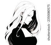 Cute anime girl flat vector, black and white  isolated white background