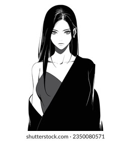 Cute anime girl flat vector, black and white  isolated white background