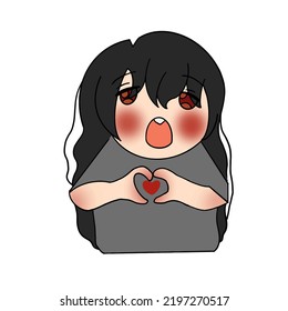 cute anime girl in a gray t-shirt shows a heart