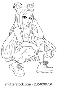 Cute anime girl with green hair, big breasts, in a T-shirt linear artwork