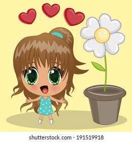 Cute anime girl with hearts and flower