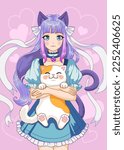 Cute anime girl holding a cat in her arms. Cartoon vector illustration