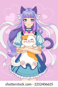 Cute anime girl holding a cat in her arms. Cartoon vector illustration