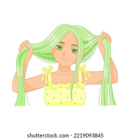 Cute Anime Girl Holding Her Long Green Hair