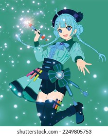 Cute anime girl holding a magical stick,Beautiful anime witch holding magic wand. Hand drawn vector illustration for coloring book