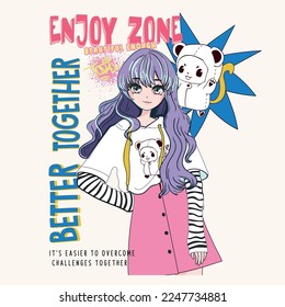 cute anime girl illustration. anime graphic design. better together. enjoy zone.