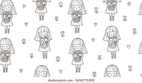 Cute anime girl illustration pattern with floral accents and soft colors