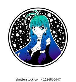 Cute anime girl with long  blue hair and big eyes. Hand drawn vector illustration. Shells and stars on background. Can be used for tattoo, sticker, cards, coloring book.