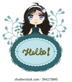 Cute anime girl with long dark hair card 