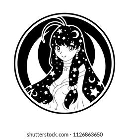 Cute anime girl with long hair and big eyes. Monochrome vector illustration. Moon and stars on hair. Can be used for tattoo, sticker, cards, coloring pages. 