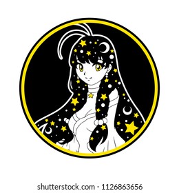Cute anime girl with long hair and big eyes. Hand drawn vector illustration. Yellow moon and stars on hair. Can be used for tattoo, sticker, cards, coloring pages