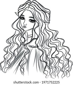 Cute anime girl with long hair. black and white vector