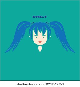 Cute Anime Girl Mascot Logo With Blue Hair, Editable Vector File For Your Brand Or All Your Graphic Needs