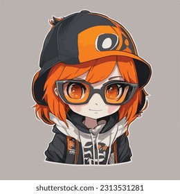 Cute Anime Girl With Orange Hair,Orange  Black Cap, Black Sunglasses, Matching Dress Up, Cool Anime Character, Vector Illustration