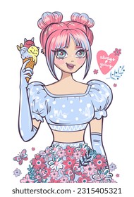 Cute Anime girl with pink hair, ice cream, dress dots pattern, flowers skirt with butterflies. Always young. Fashion girl illustration. Manga style space buns. Pretty young girl kawaii. School girl