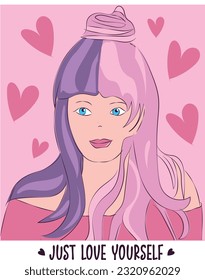 Cute anime girl with pink and purple hair. pretty manga girl and just love yourself slogan on the pink background.