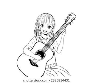 Cute anime girl playing guitar and singing, black and white outline stroke, coloring page style