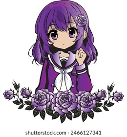 cute anime girl with purple hair and roses vector illustration