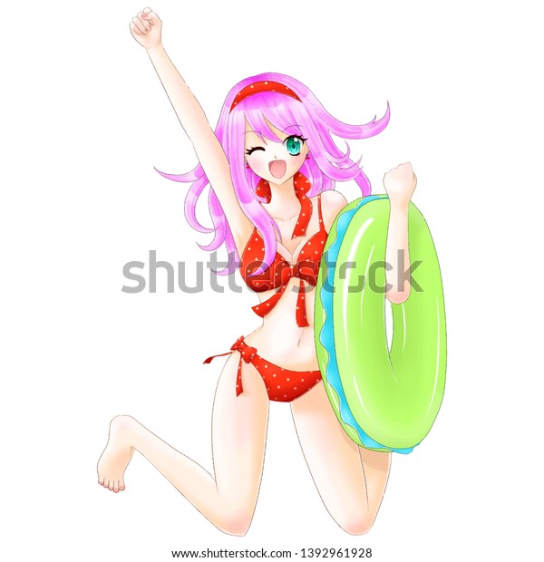 赤いポルカのかわいいアニメ女の子が夏用の水着 ベクターイラスト のベクター画像素材 ロイヤリティフリー