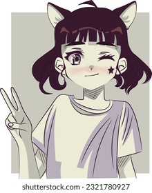Cute anime girl with short bob hair. Retro style anime poster