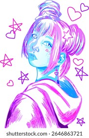 A cute anime girl with stylish makeup, star-shaped hair clips, and charming earrings, styled in pastel tones with a whimsical and trendy look