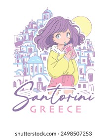 Cute anime girl at sunset on Santorini Island, Greece.Manga comic character on summer vacation in Santorini.Beautiful korean anime vector illustration.Young girl traveling and tourist in Greece.