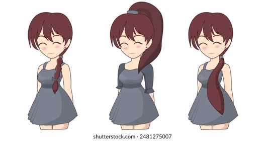 Cute anime girl in three hairstyles: braid, high ponytail, and long side ponytail, wearing a grey dress.


