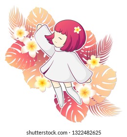 Cute anime girl with tropical plants vector illustration
