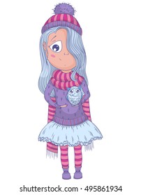 Cute anime girl in tutu and winter clothes with owl. Cartoon character. Vector illustration