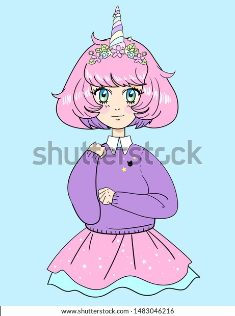 cute anime girl unicorn pink hair stock vector royalty free