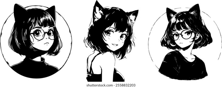 Cute Anime Girl Wearing Glasses Cat Ears Outlines Coloring Page Vector