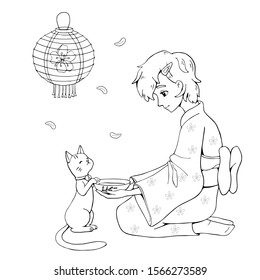 Cute anime girl wearing yukata feed Maneki Neko. Japan Hanami Festival. White and black vector illustration for coloring book. Kindness concept.