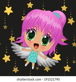 Cute anime girl with wings on a stars background