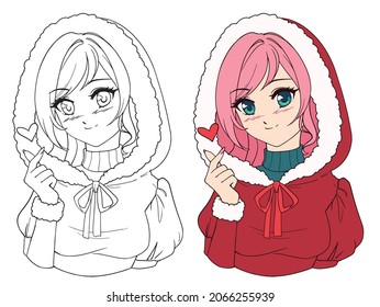 Cute anime manga girl wearing Christmas Santa costume and hat.