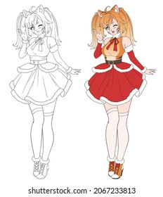 Cute anime manga girl wearing 2022 Christmas tiger costume.