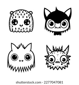 cute anime monster collection set hand drawn line art illustration