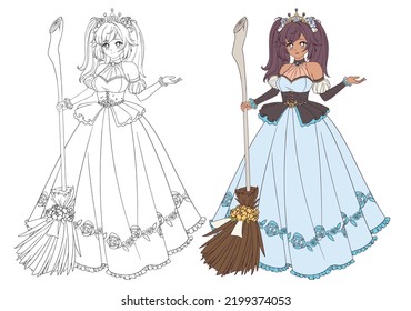 Cute anime princess holding broom. Hand drawn vector illustration for coloring book.