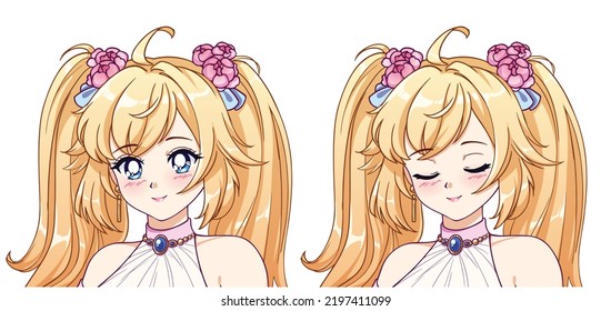 Icono de princesa de anime lindo avatar. Ojos abiertos y cerrados. El pelo rubio y el vestido rosa. Conjunto de ilustraciones vectoriales.