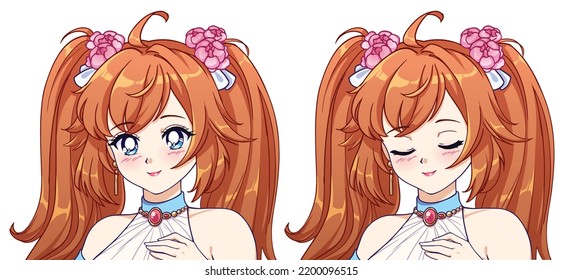 Cute anime princess icon user avatar. Opened and closed eyes. Red hair. Vector illustration set.