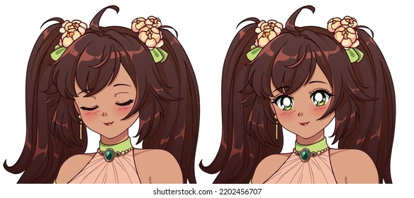 Cute anime princess icon user avatar. Opened and closed eyes. Tan skin, brown hair. Vector illustration set.