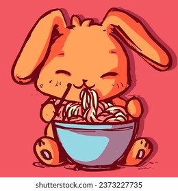 Cute anime rabbit eating noodles from a bowl using japanese chopsticks. Kawaii orange bunny having a big plate with spaghetti in front of him