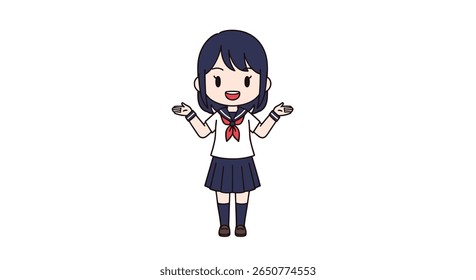 Cute anime school girl dancing in a white background with joyful expression